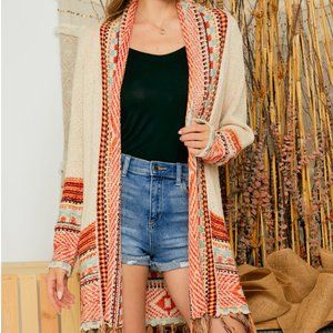 Tess Tribal Print Knit Cardigan with Fringe
